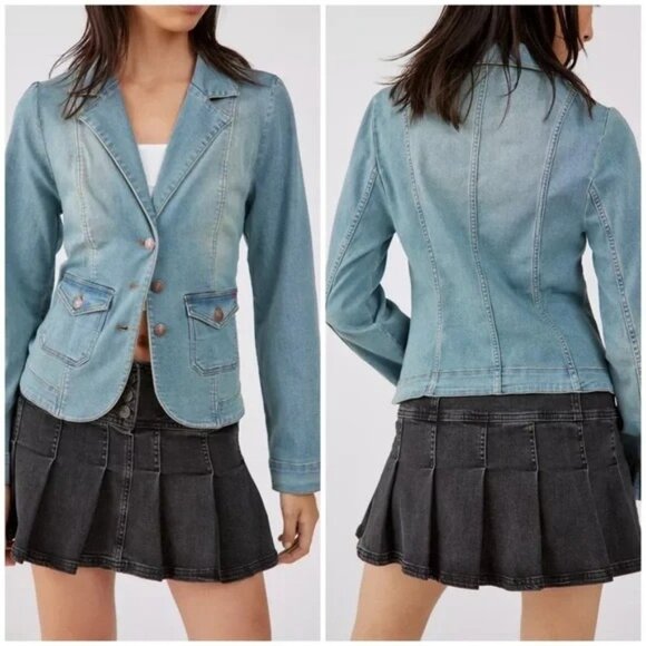 UO BDG Medium Blue Wash Stretch Denim Blazer Jacket Small S - Picture 2 of 12